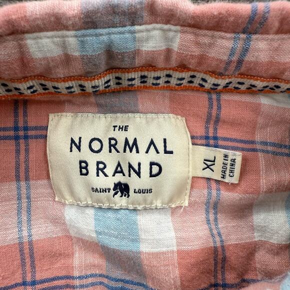 The Normal Brand Shirt Mens XL Pink Blue Plaid Short Sleeve Button Down Cotton - Picture 3 of 9